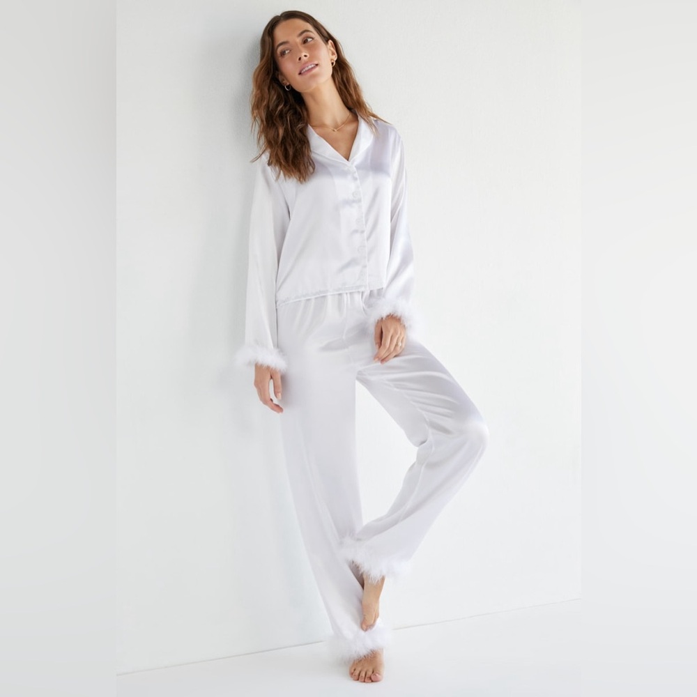 Francesca's Collections White Satin like material with Feather-Trim Pajama Set